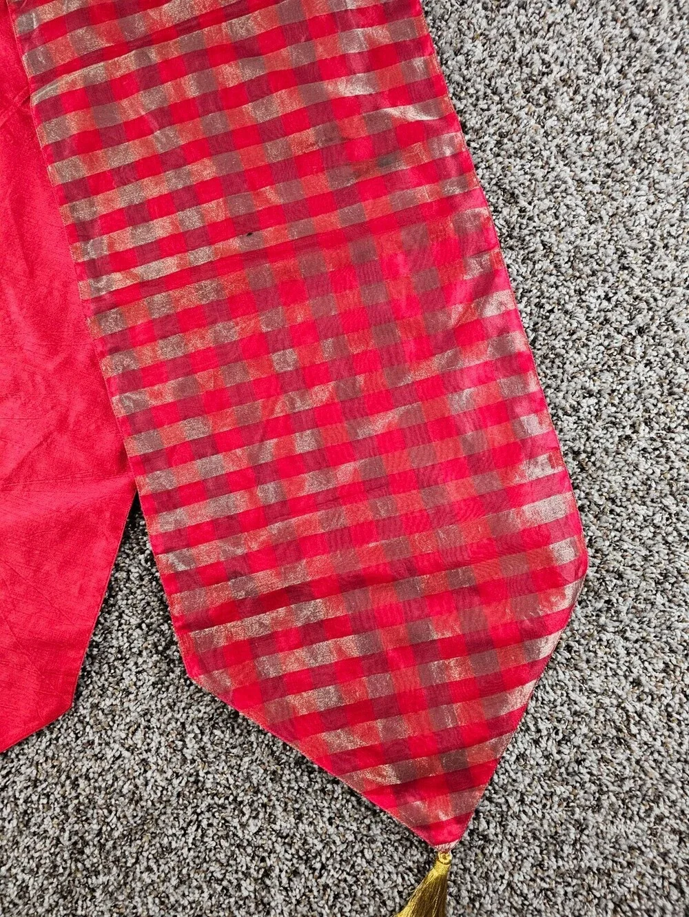Vintage Red and Gold Holiday Table Runner Tassel End Christmas Plaid